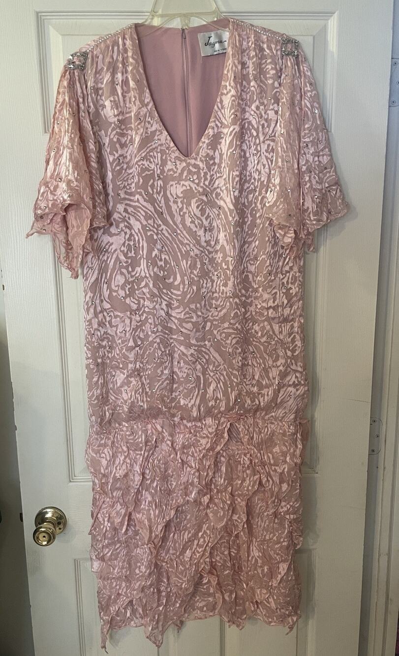 VTG Jayna New York Made in USA Pink w Gemstones Dress ILGWU Made Sz 221212 READ
